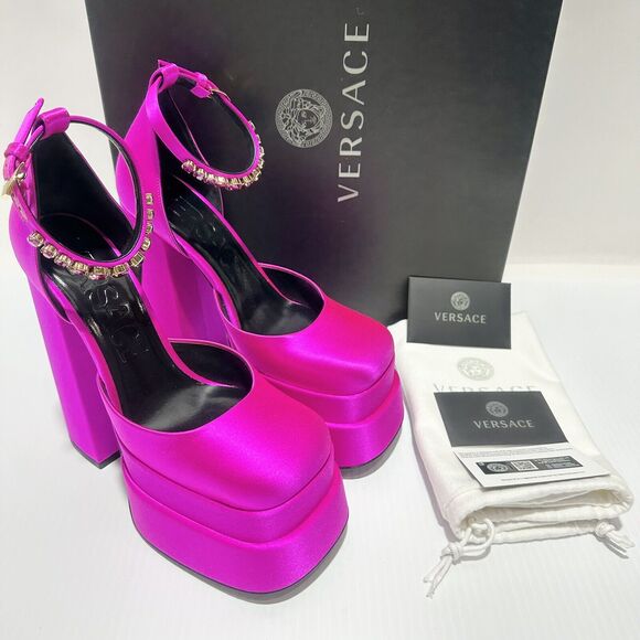 Versace Aevitas Platform Pumps 39.5 US 9.5 Pink Fuchsia Satin Crystal NIB $1575 - Picture 5 of 14